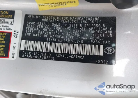 2011 Toyota Camry Le из США, поврежденный, VIN 4T4BF3EK9BR206840